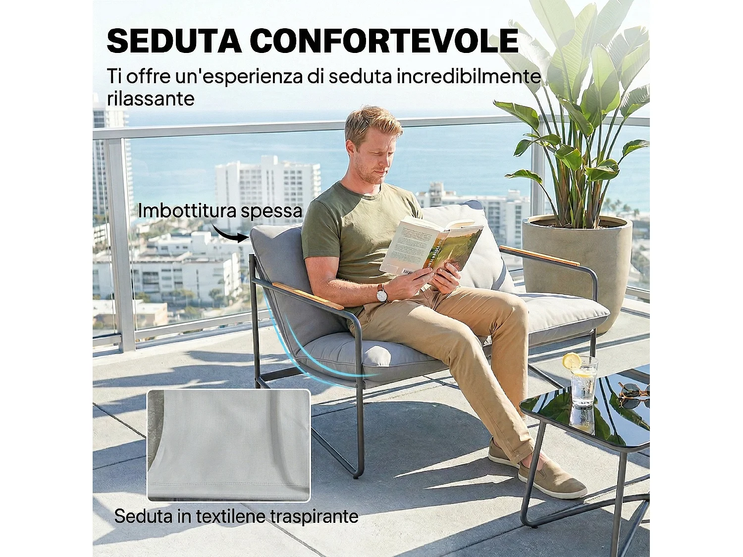 Set da giardino 4 posti con cuscini vetro grigio chiaro