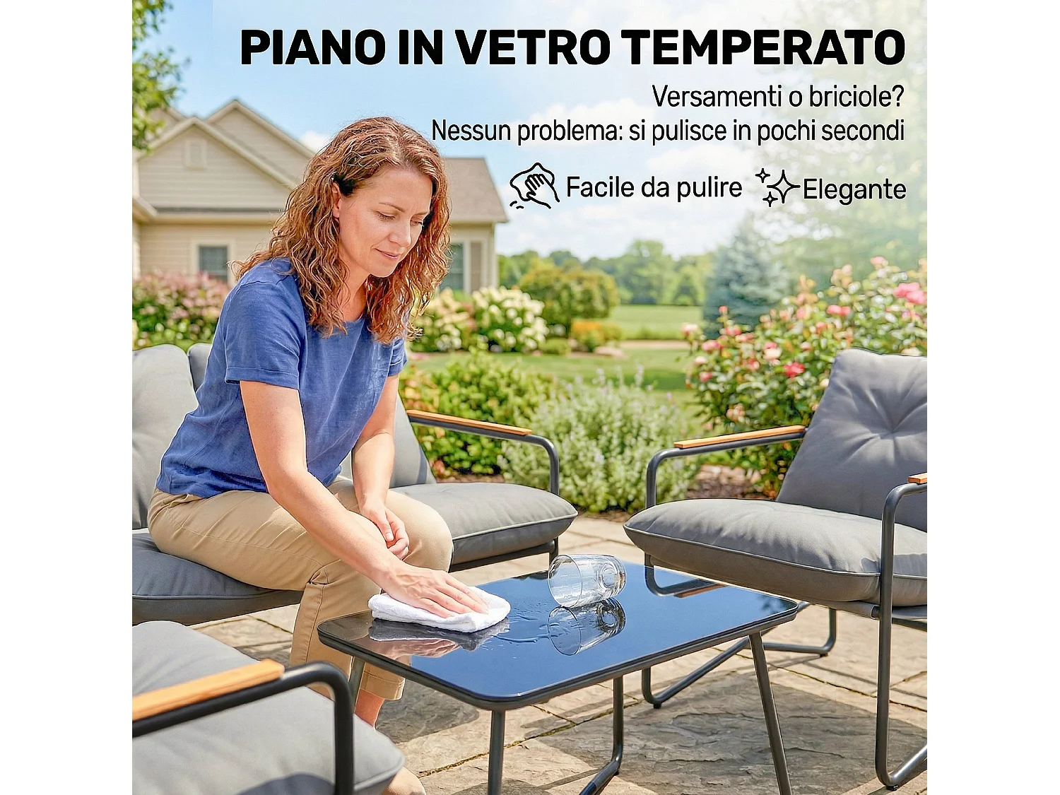 Set da giardino 4 posti con cuscini vetro grigio chiaro