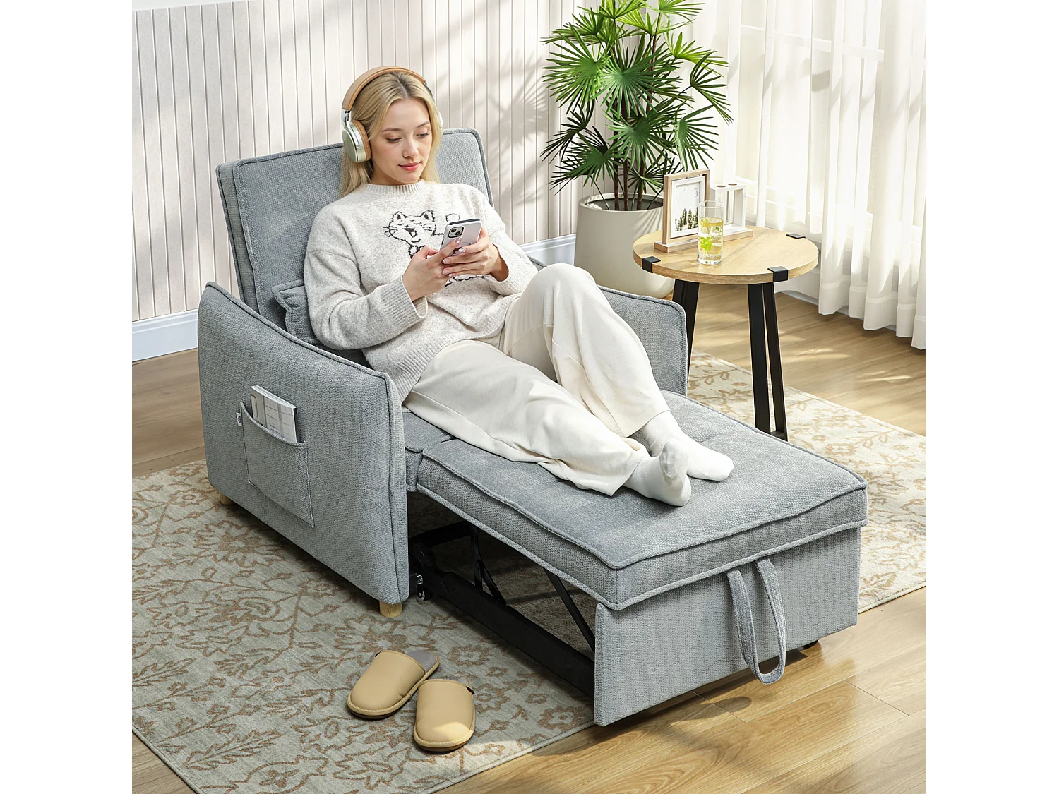 Poltrona letto 3 in 1 con schienale reclinabile e cuscino grigio