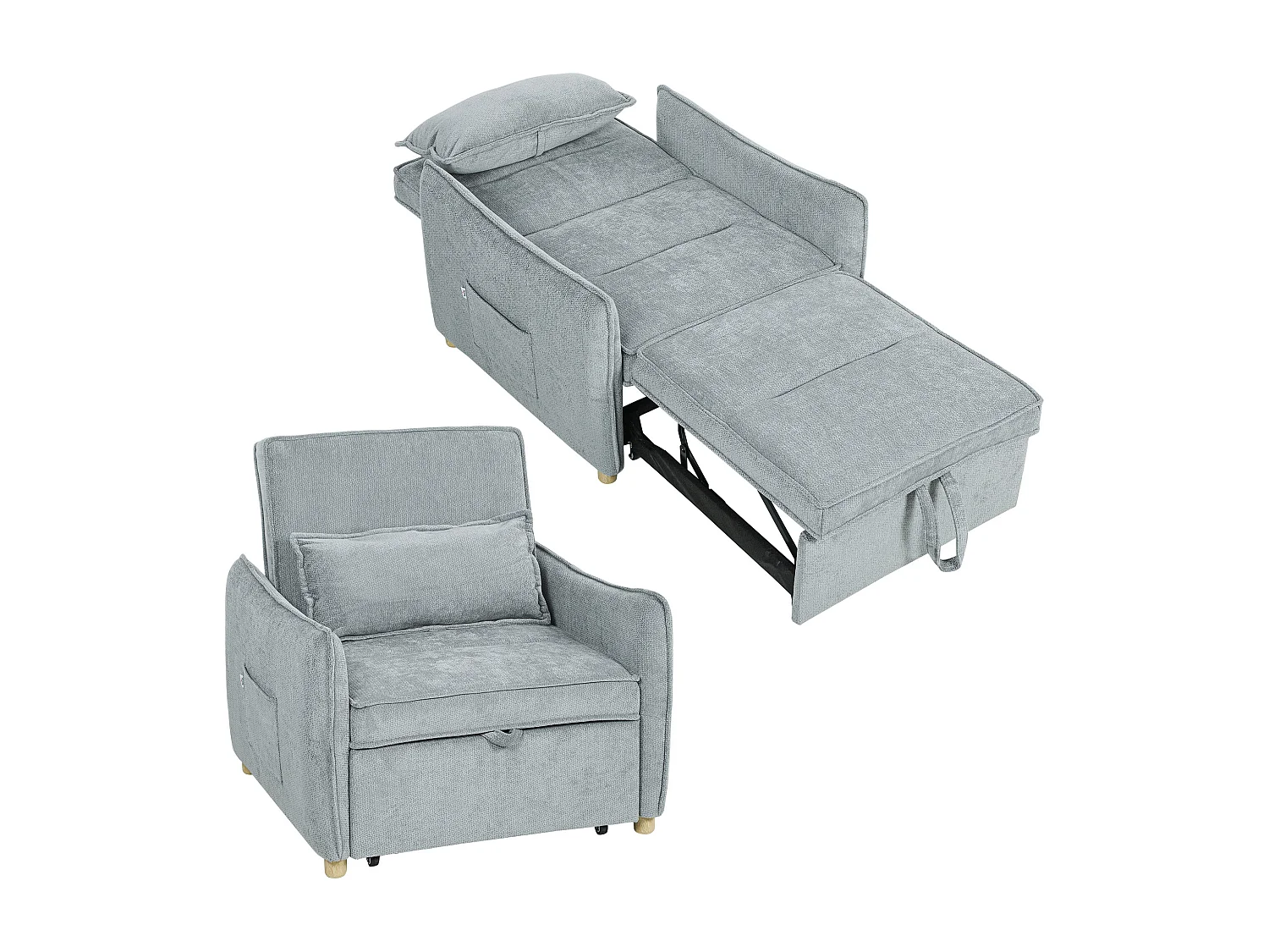 Poltrona letto 3 in 1 con schienale reclinabile e cuscino grigio