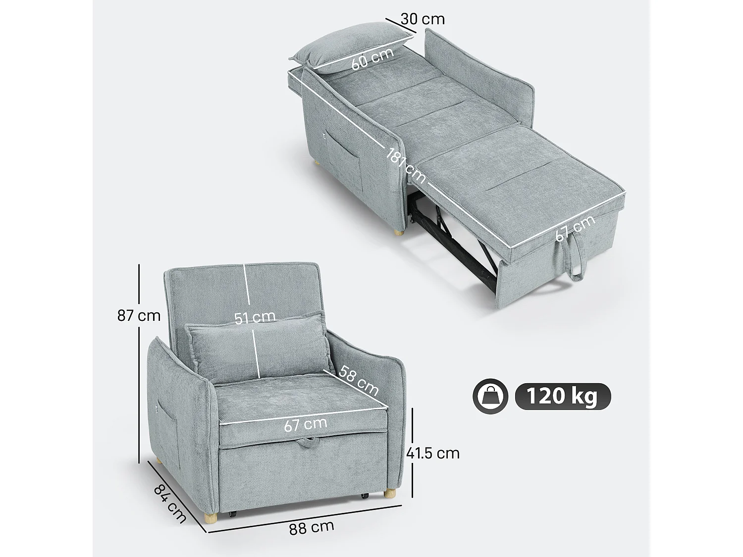 Poltrona letto 3 in 1 con schienale reclinabile e cuscino grigio
