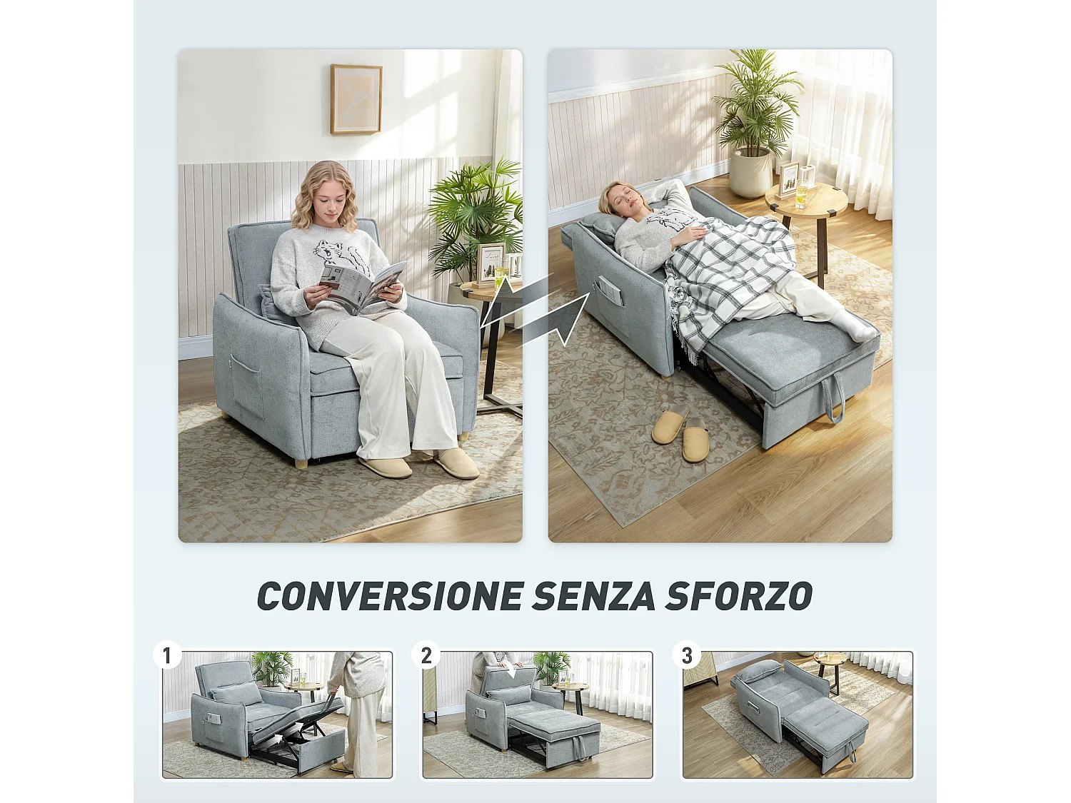 Poltrona letto 3 in 1 con schienale reclinabile e cuscino grigio