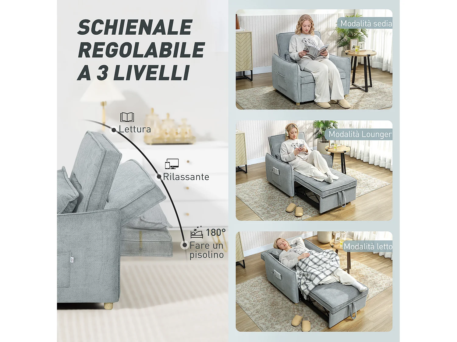 Poltrona letto 3 in 1 con schienale reclinabile e cuscino grigio