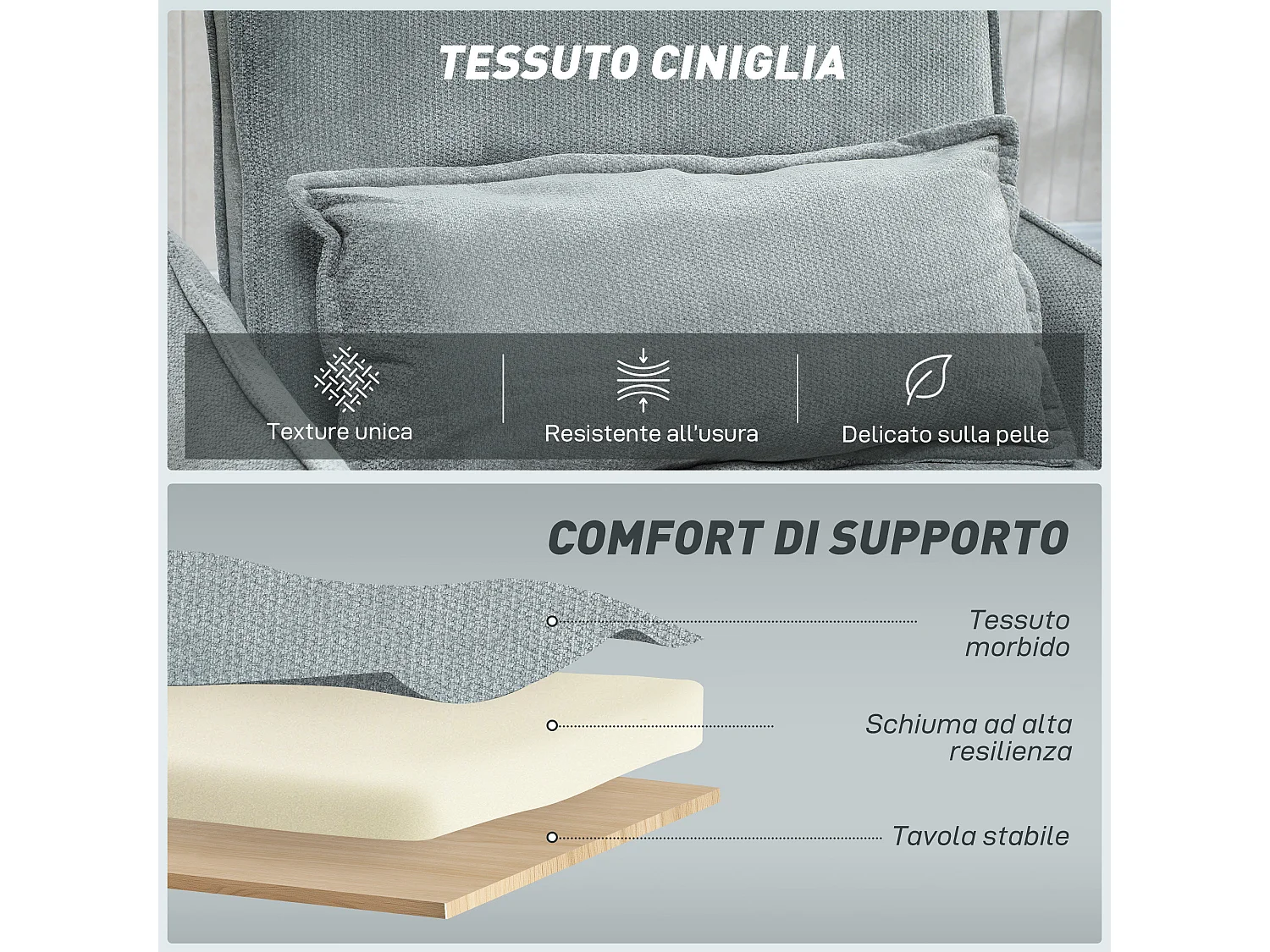 Poltrona letto 3 in 1 con schienale reclinabile e cuscino grigio