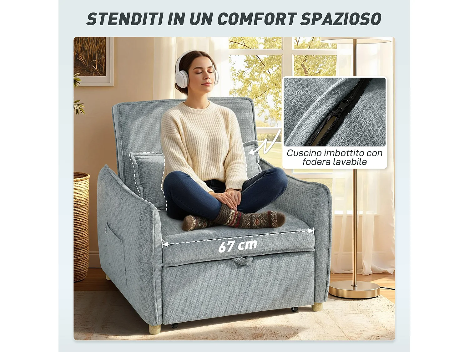 Poltrona letto 3 in 1 con schienale reclinabile e cuscino grigio