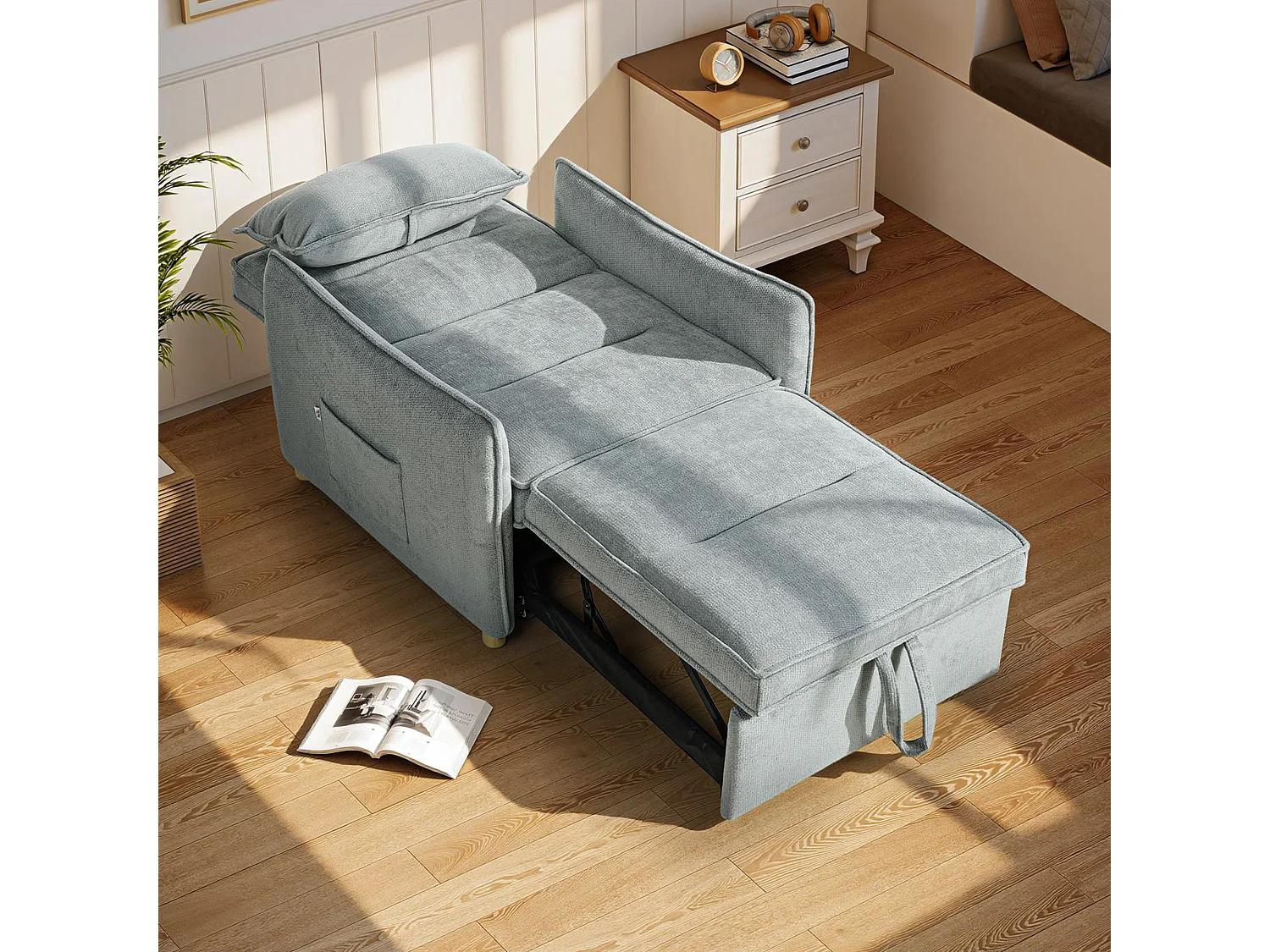 Poltrona letto 3 in 1 con schienale reclinabile e cuscino grigio
