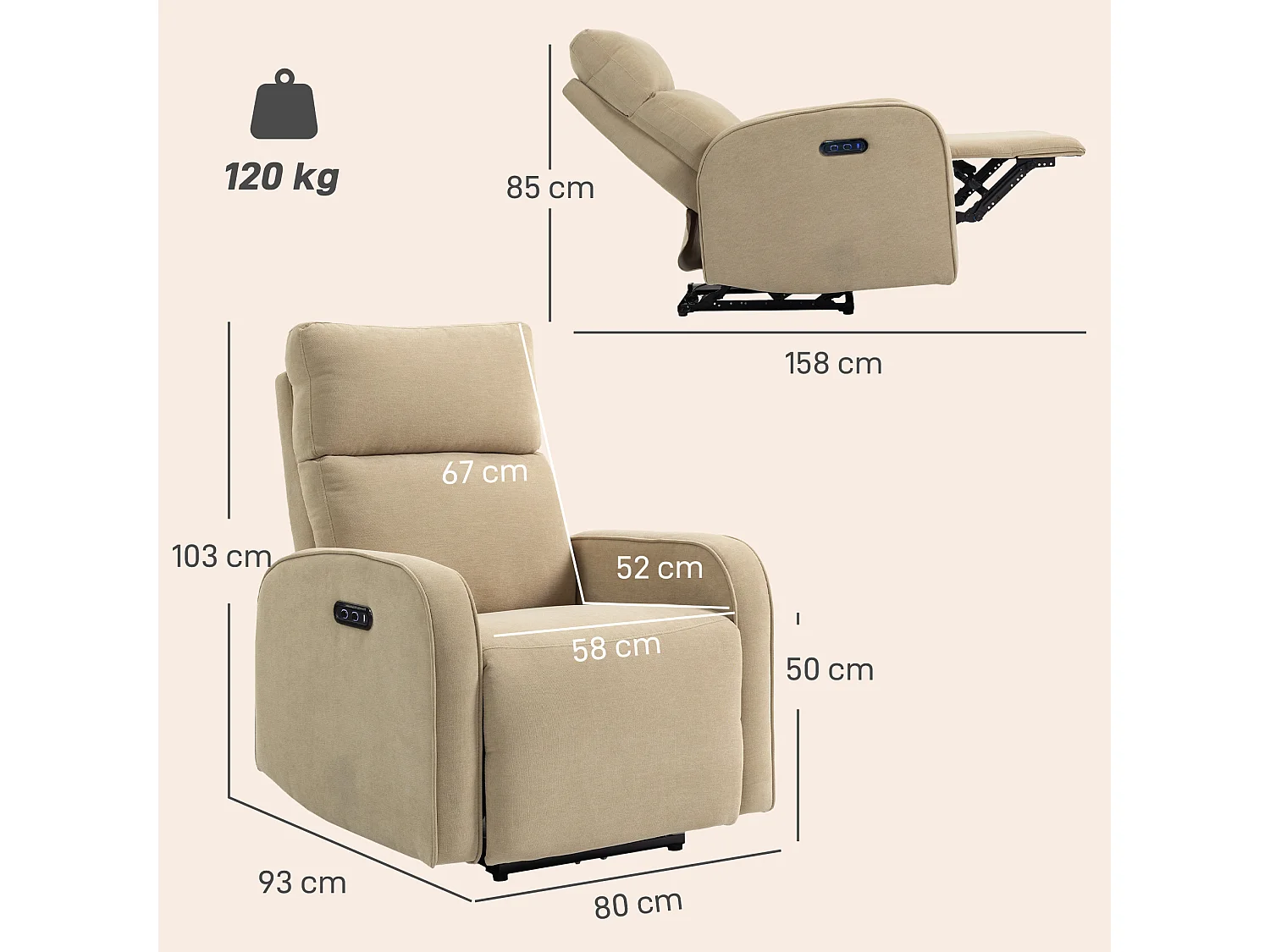 Poltrona reclinabile elettrica in ciniglia beige con poggiapiedi