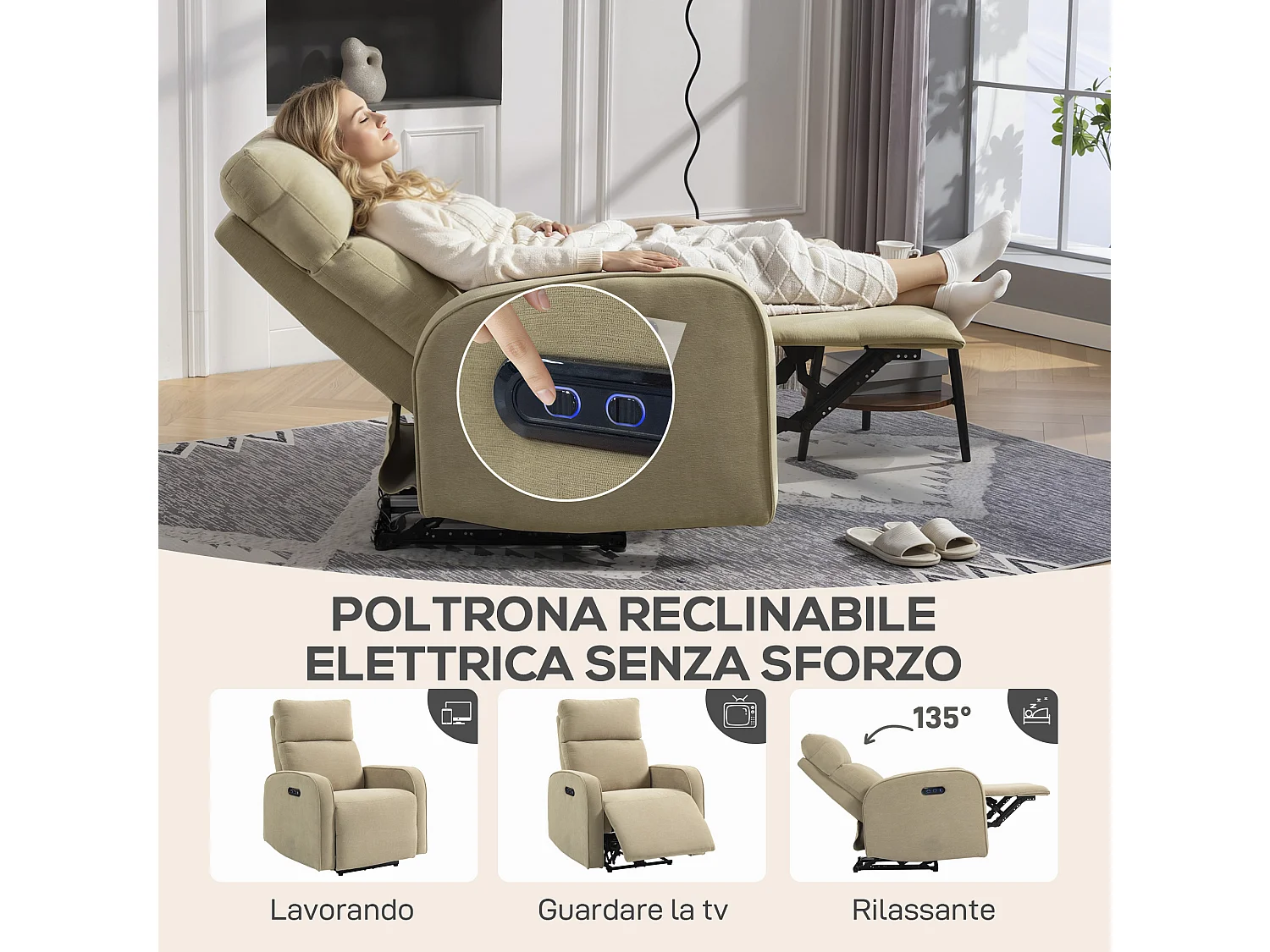 Poltrona reclinabile elettrica in ciniglia beige con poggiapiedi