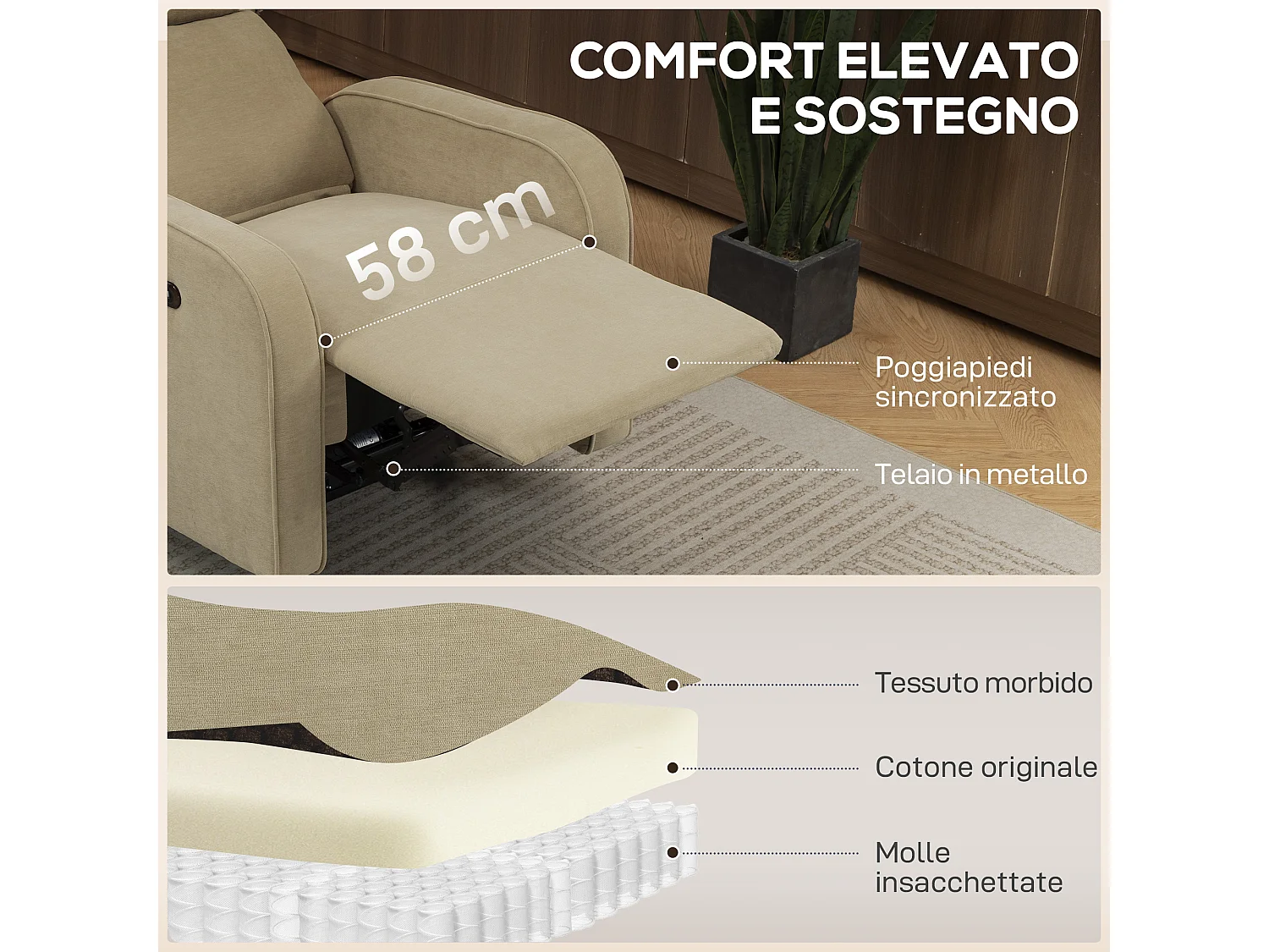 Poltrona reclinabile elettrica in ciniglia beige con poggiapiedi