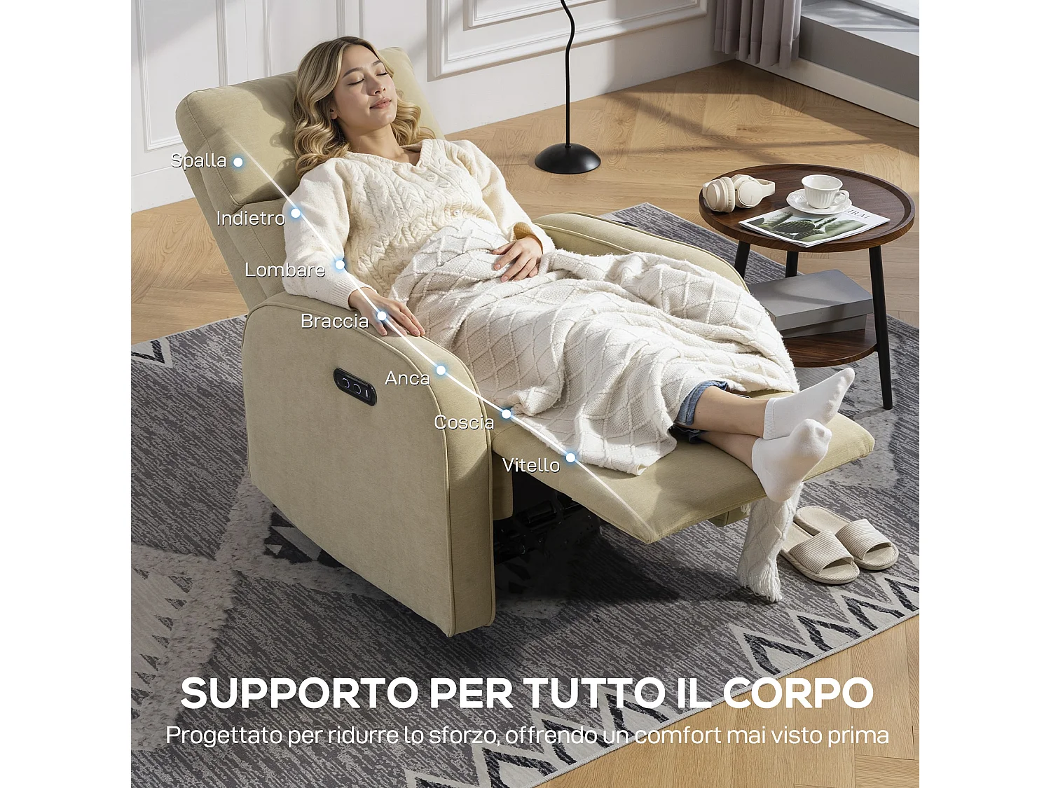 Poltrona reclinabile elettrica in ciniglia beige con poggiapiedi