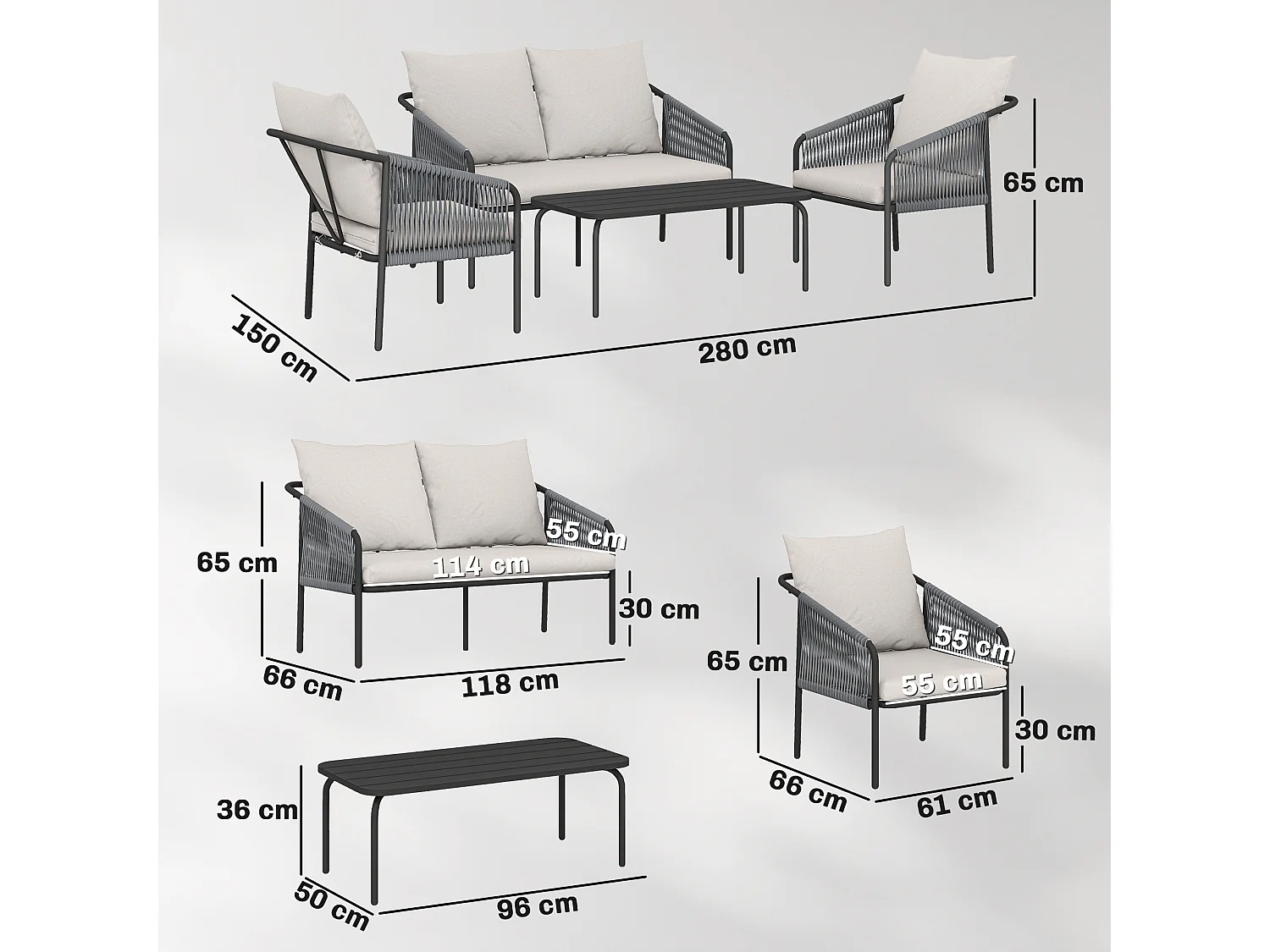 Set da giardino 4 pezzi con cuscini in rattan khaki