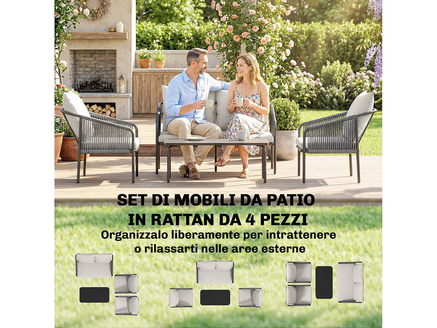 Set da giardino 4 pezzi con cuscini in rattan khaki