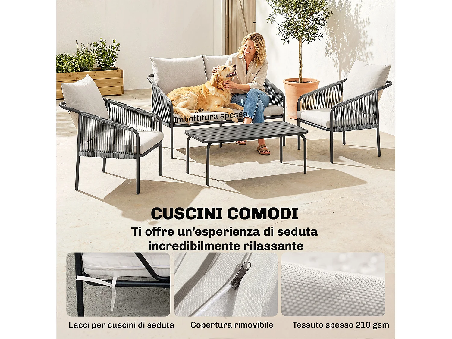Set da giardino 4 pezzi con cuscini in rattan khaki