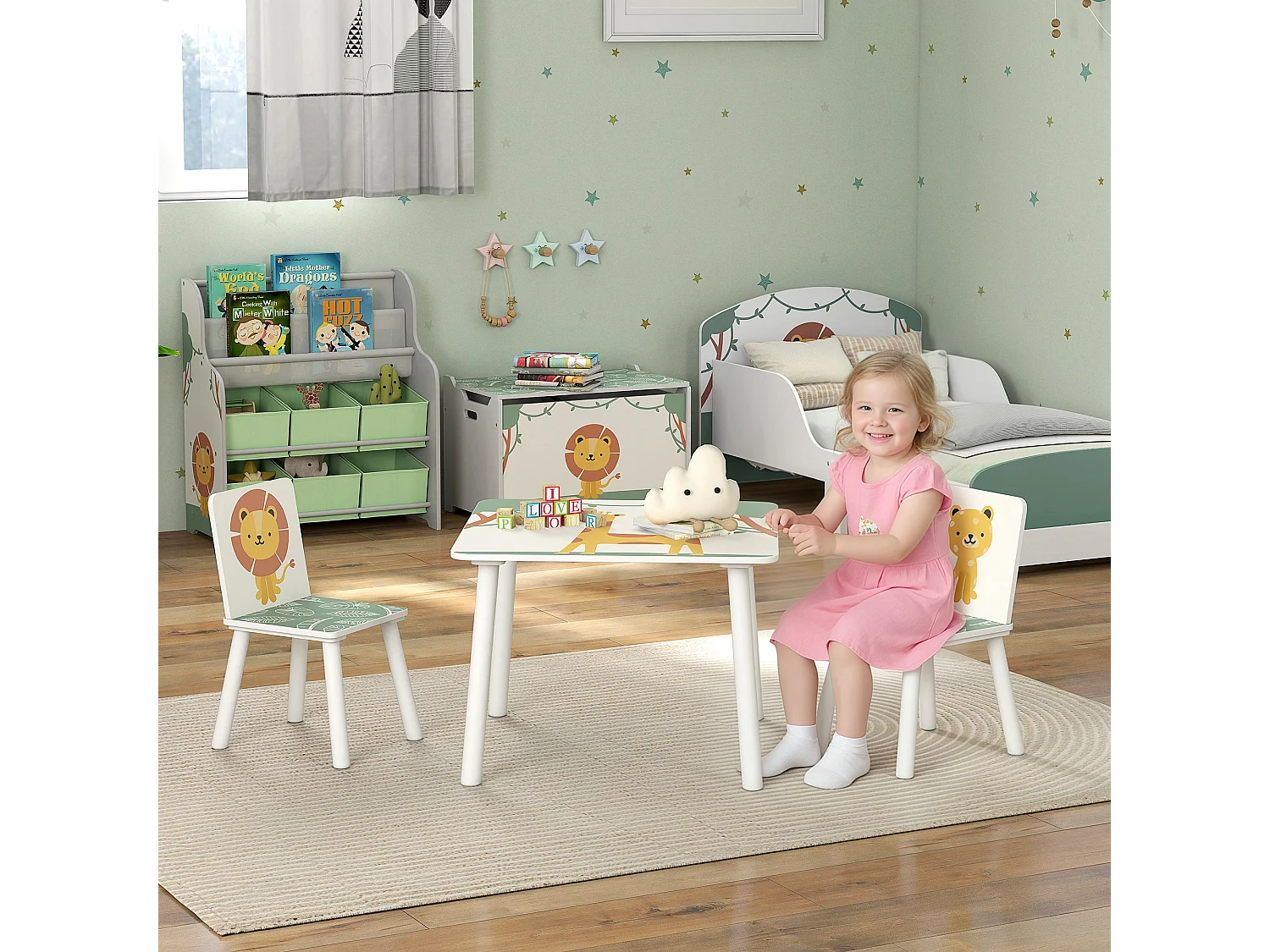 Set tavolo e 2 sedie per bambini da 3-8 anni con animali verde