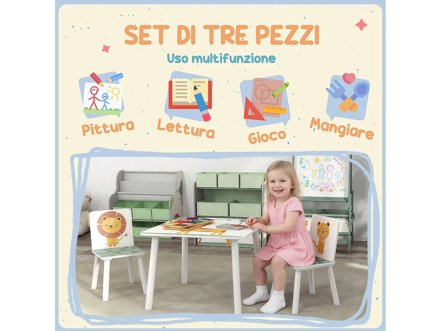 Set tavolo e 2 sedie per bambini da 3-8 anni con animali verde