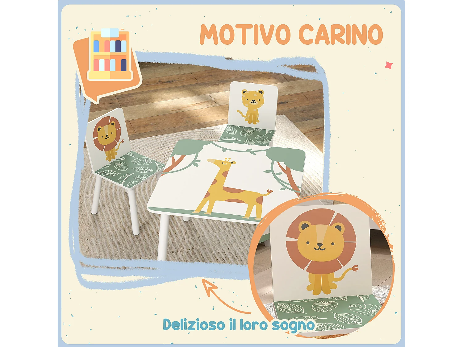 Set tavolo e 2 sedie per bambini da 3-8 anni con animali verde