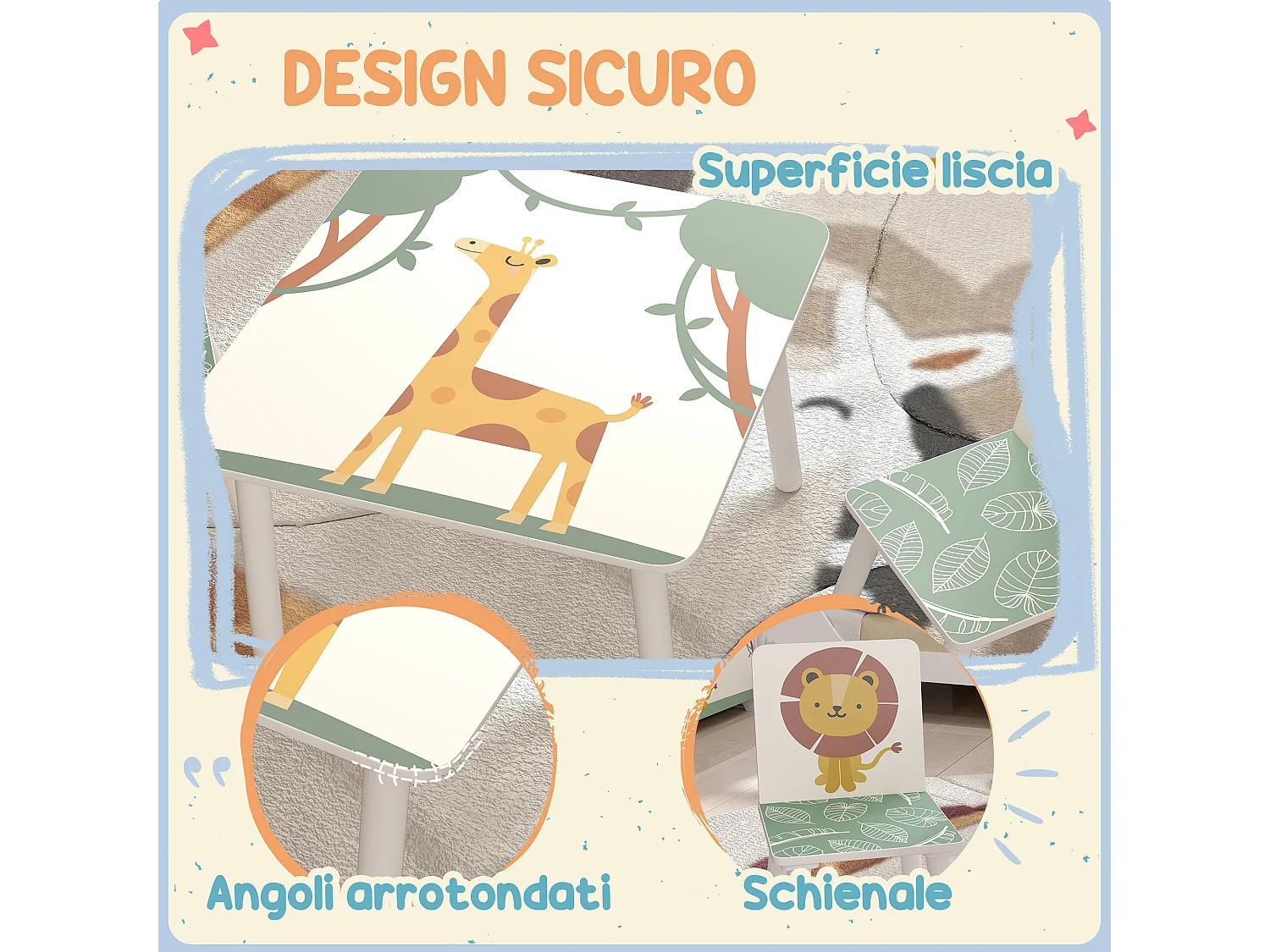 Set tavolo e 2 sedie per bambini da 3-8 anni con animali verde