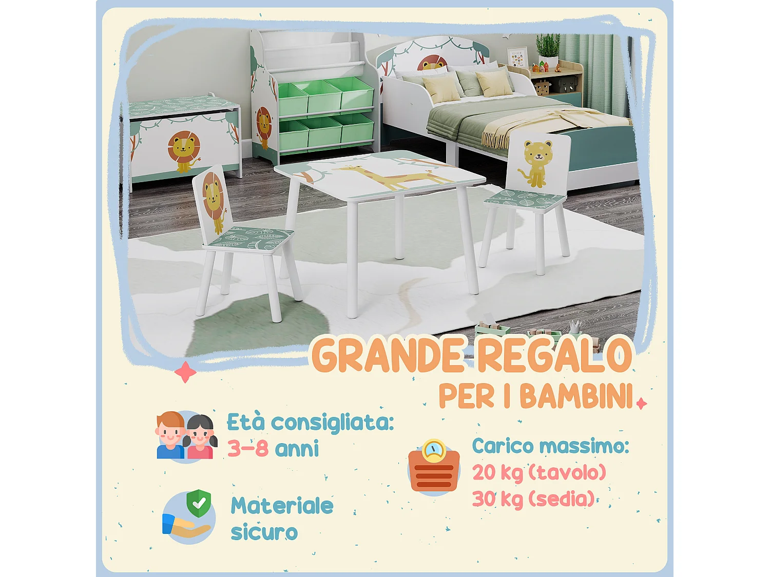 Set tavolo e 2 sedie per bambini da 3-8 anni con animali verde