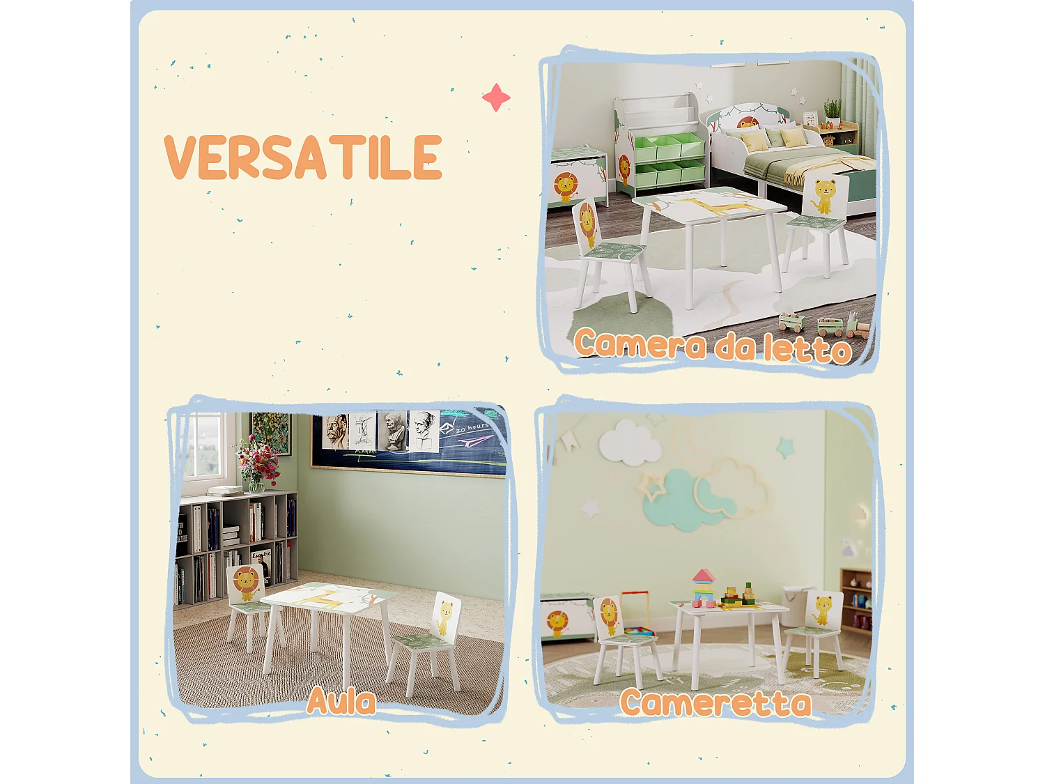 Set tavolo e 2 sedie per bambini da 3-8 anni con animali verde