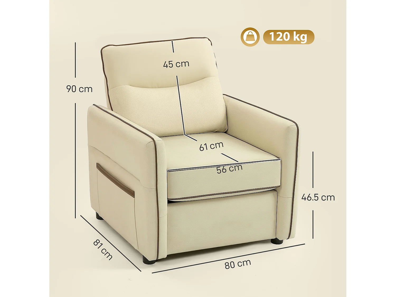 Poltrona da salotto con tasca laterale in finta pelle beige