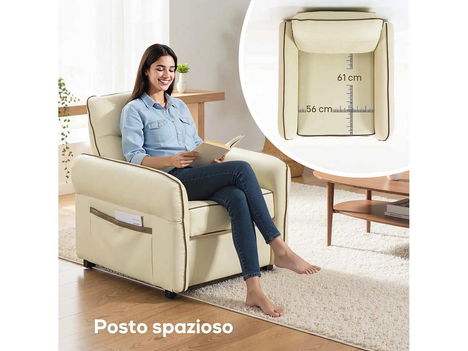 Poltrona da salotto con tasca laterale in finta pelle beige