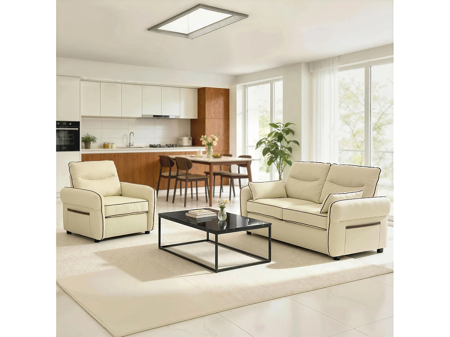 Poltrona da salotto con tasca laterale in finta pelle beige
