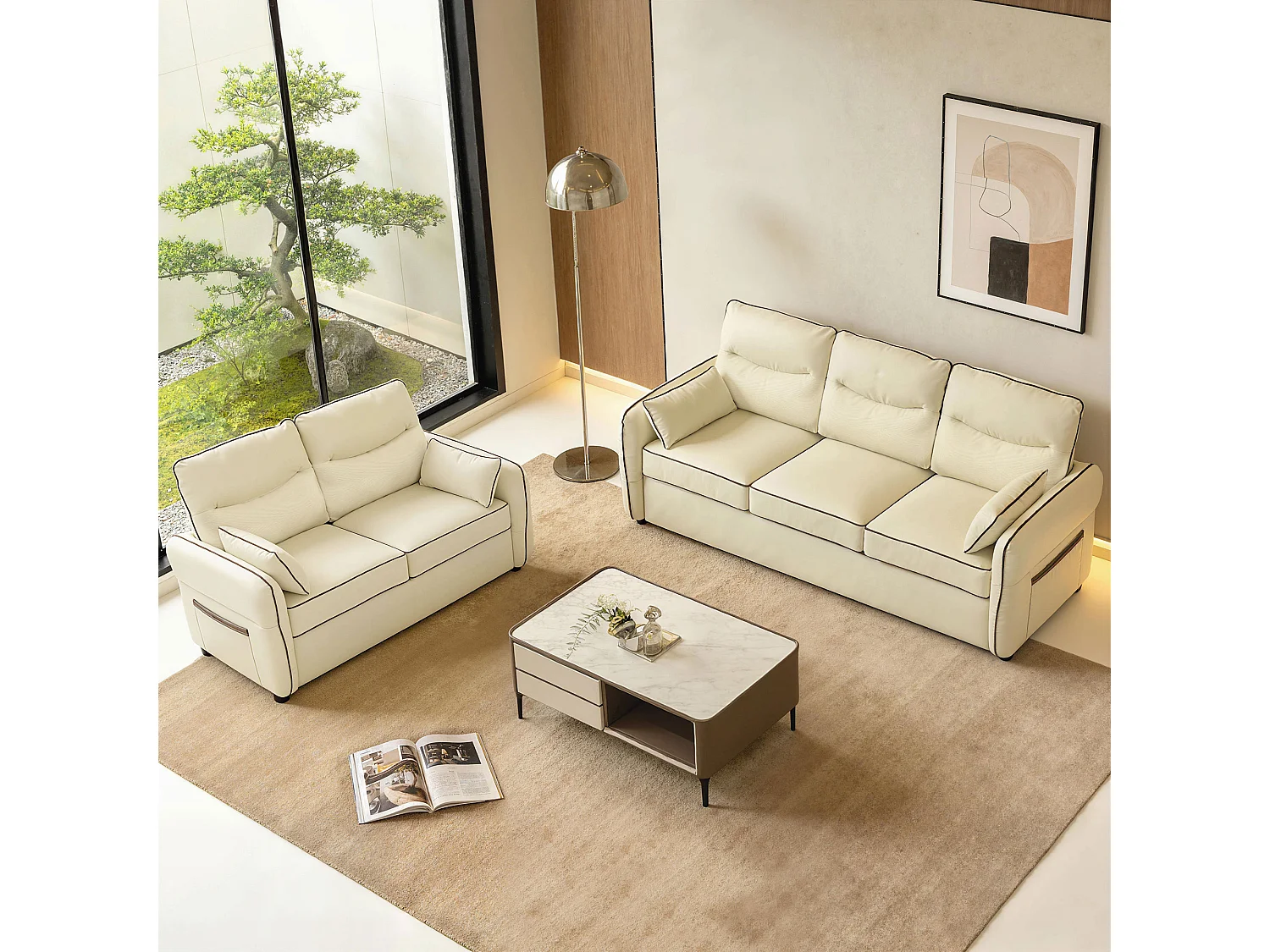 Poltrona da salotto con tasca laterale in finta pelle beige