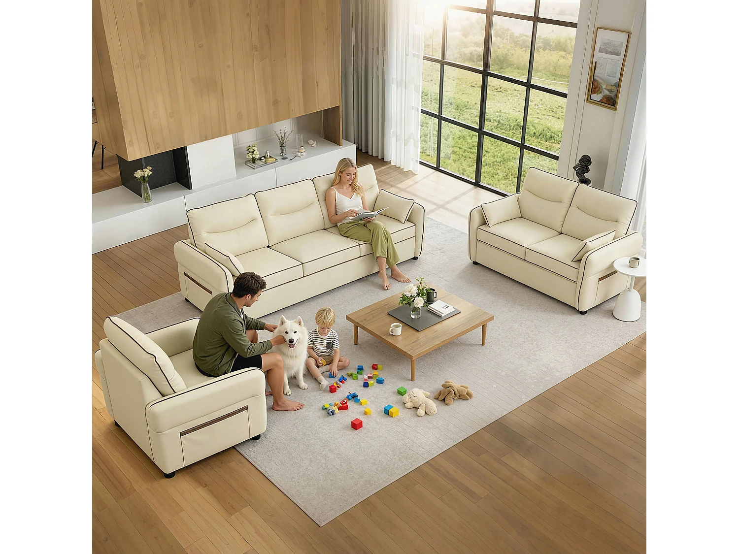 Poltrona da salotto con tasca laterale in finta pelle beige