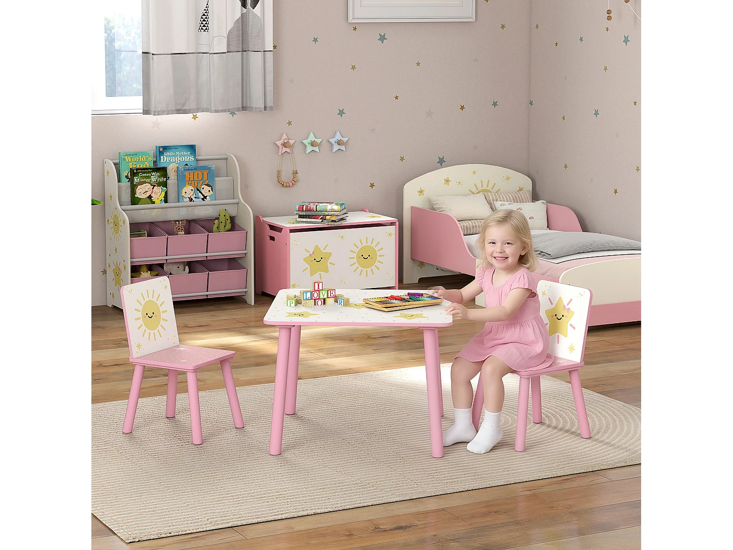 Set tavolo e 2 sedie per bambini da 3-8 anni con stelle rosa
