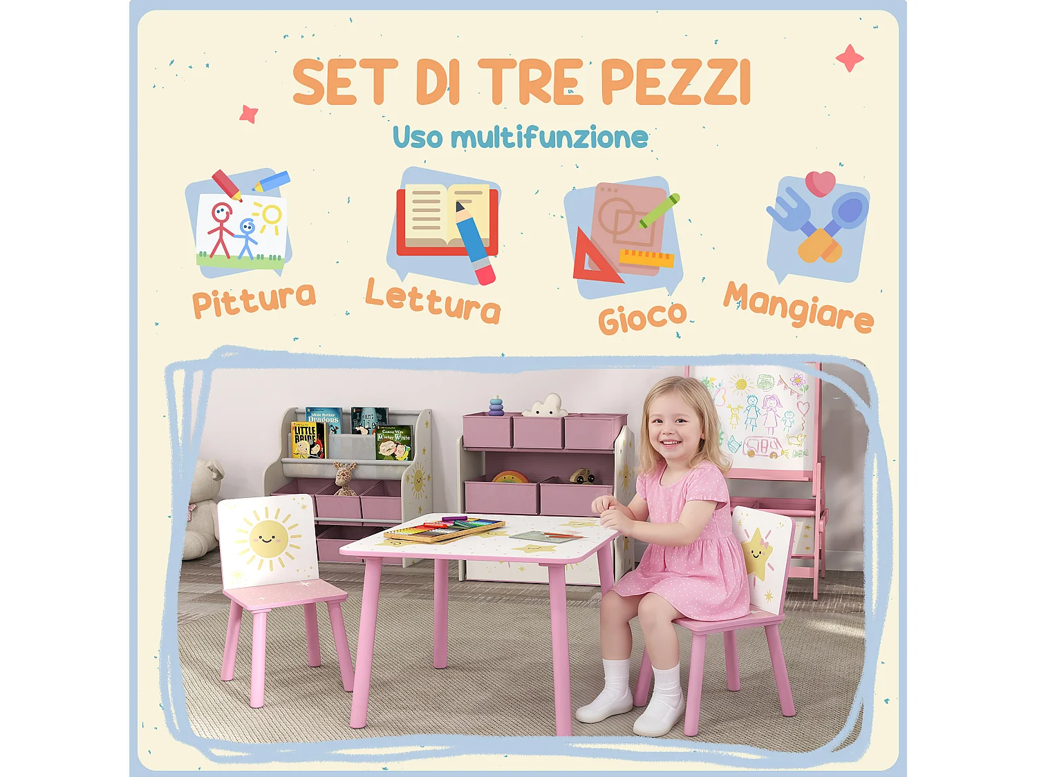 Set tavolo e 2 sedie per bambini da 3-8 anni con stelle rosa