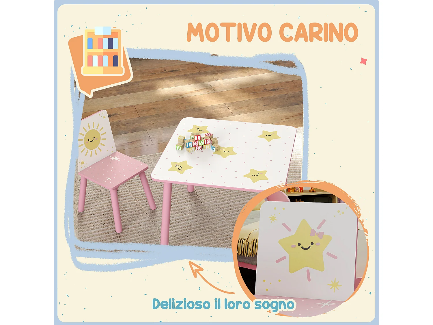 Set tavolo e 2 sedie per bambini da 3-8 anni con stelle rosa