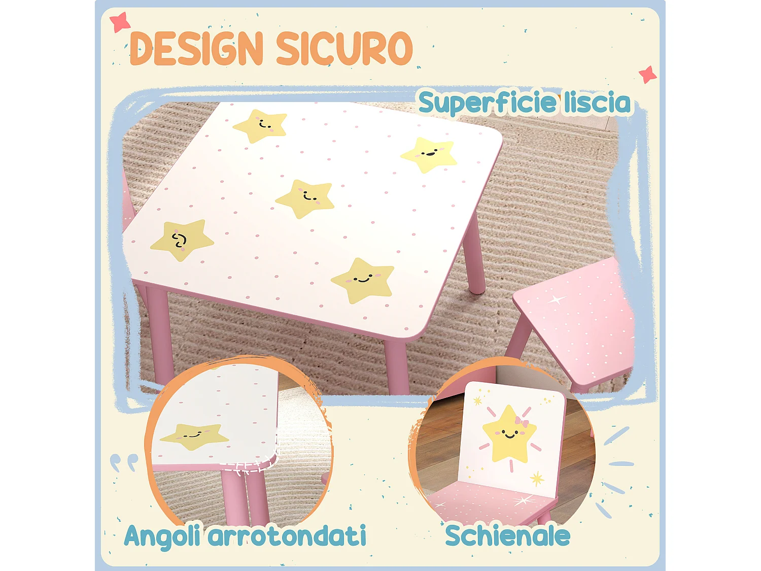 Set tavolo e 2 sedie per bambini da 3-8 anni con stelle rosa