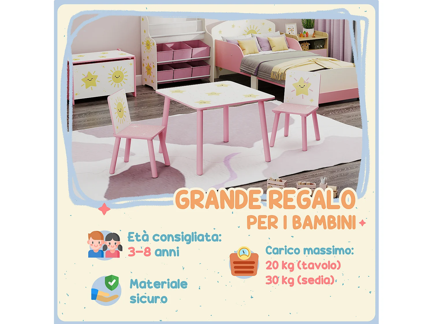 Set tavolo e 2 sedie per bambini da 3-8 anni con stelle rosa