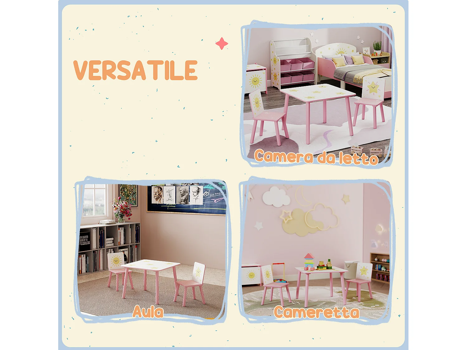 Set tavolo e 2 sedie per bambini da 3-8 anni con stelle rosa