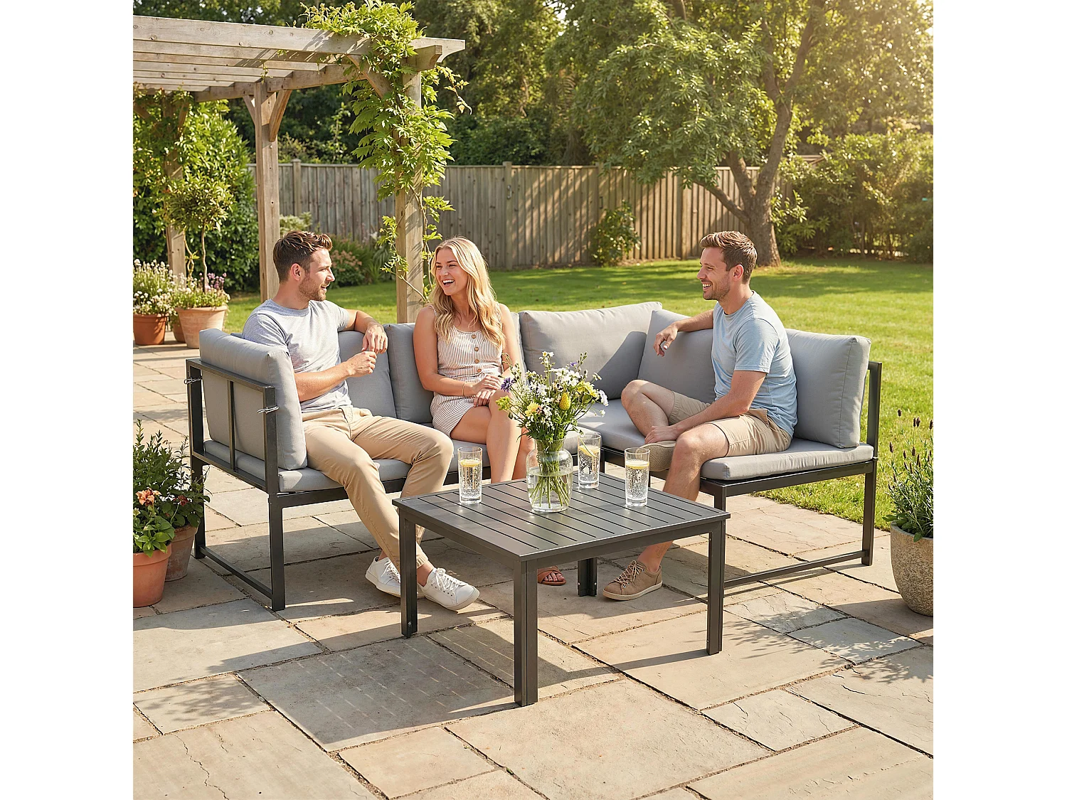 Set da giardino 3pz con 2 divanetti e tavolino grigio