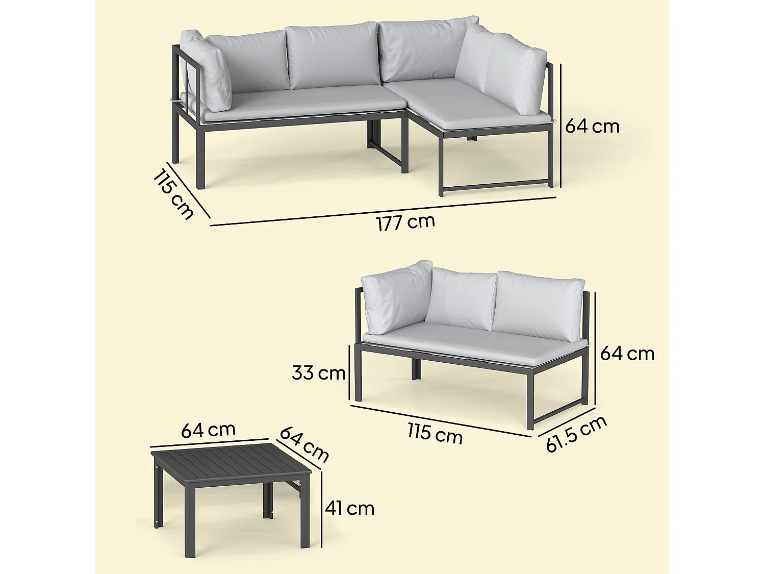 Set da giardino 3pz con 2 divanetti e tavolino grigio
