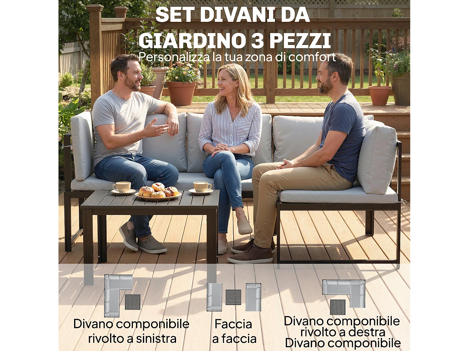 Set da giardino 3pz con 2 divanetti e tavolino grigio