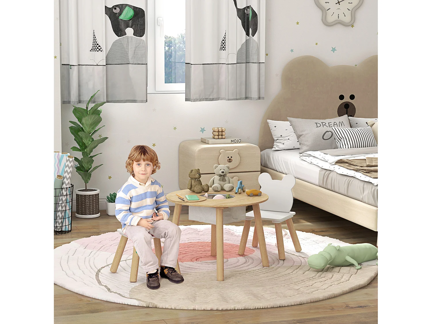 Set tavolo e 2 sedie per bambini con vano contenitore legno e bianco