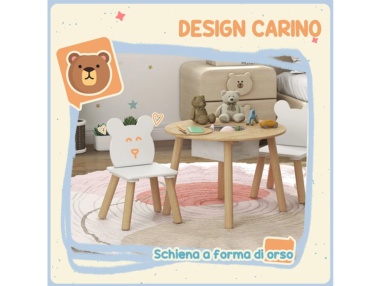 Set tavolo e 2 sedie per bambini con vano contenitore legno e bianco