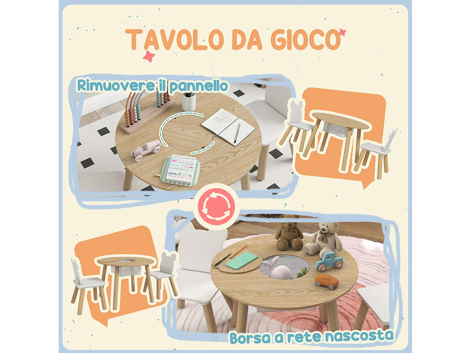 Set tavolo e 2 sedie per bambini con vano contenitore legno e bianco