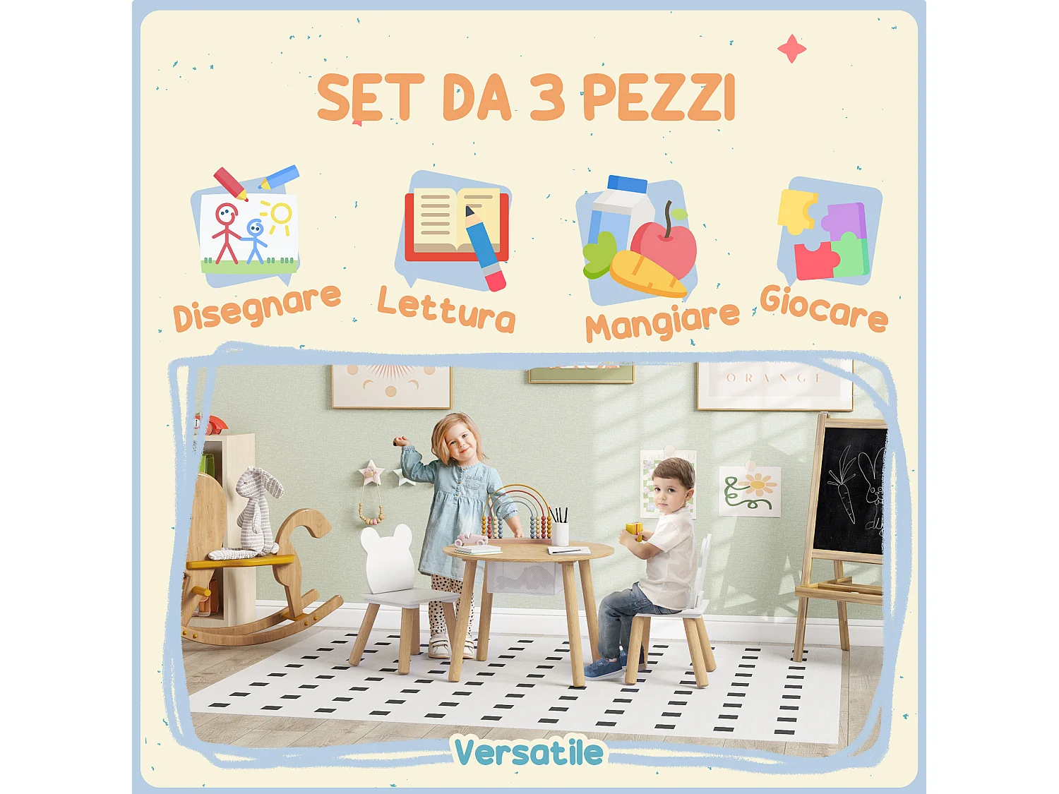 Set tavolo e 2 sedie per bambini con vano contenitore legno e bianco