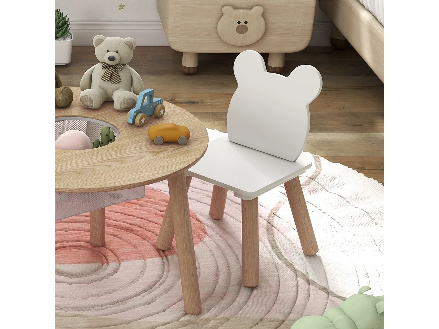 Set tavolo e 2 sedie per bambini con vano contenitore legno e bianco