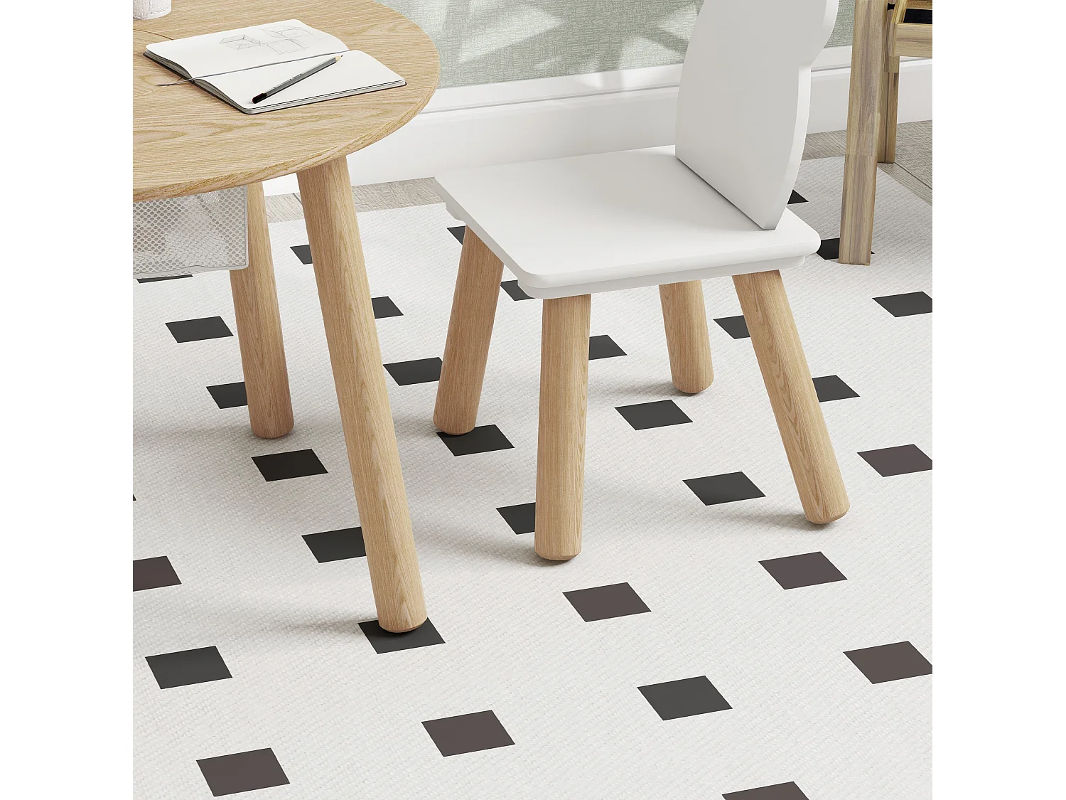 Set tavolo e 2 sedie per bambini con vano contenitore legno e bianco