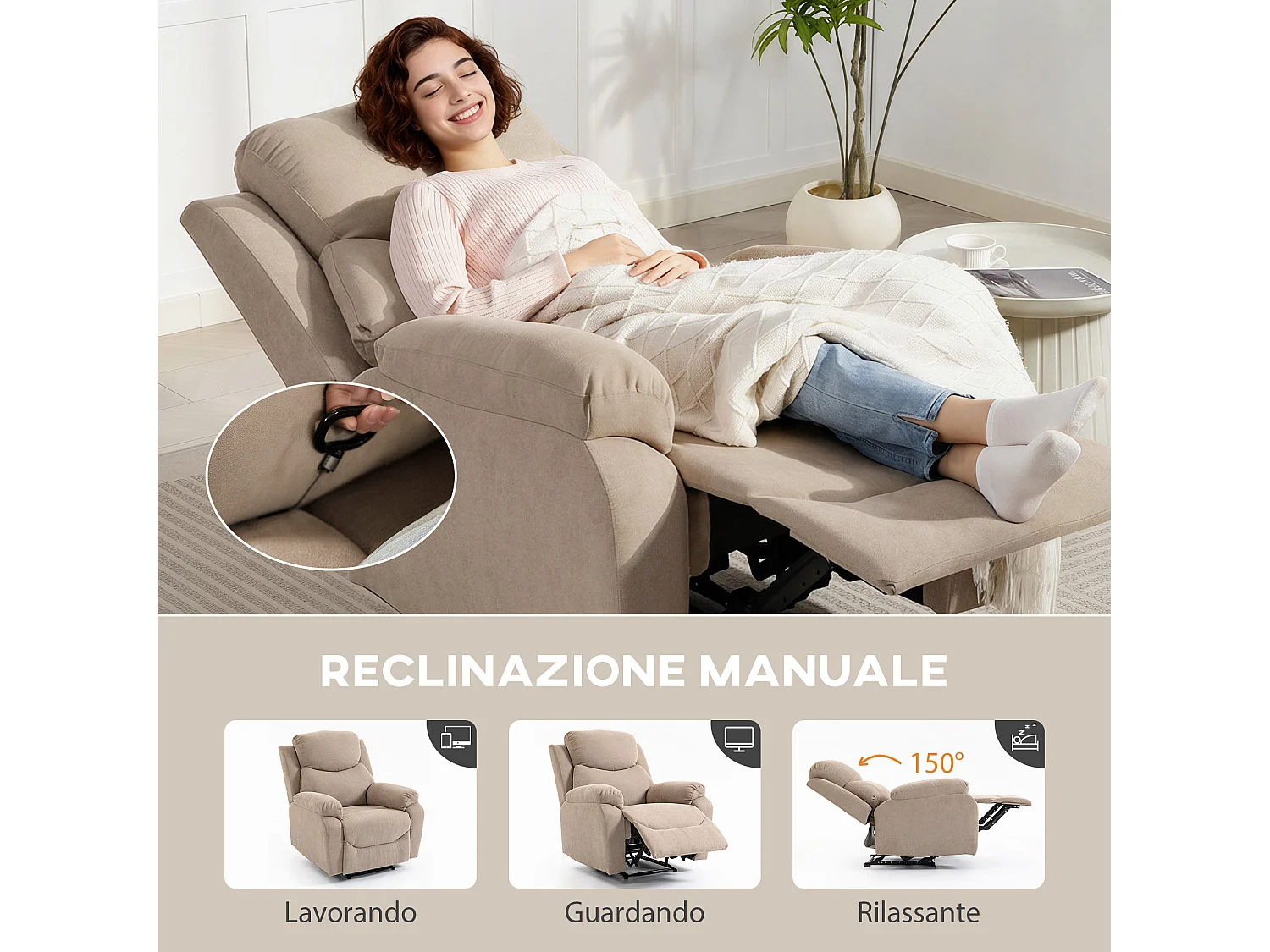 Poltrona reclinabile manuale con braccioli imbottiti in tessuto beige