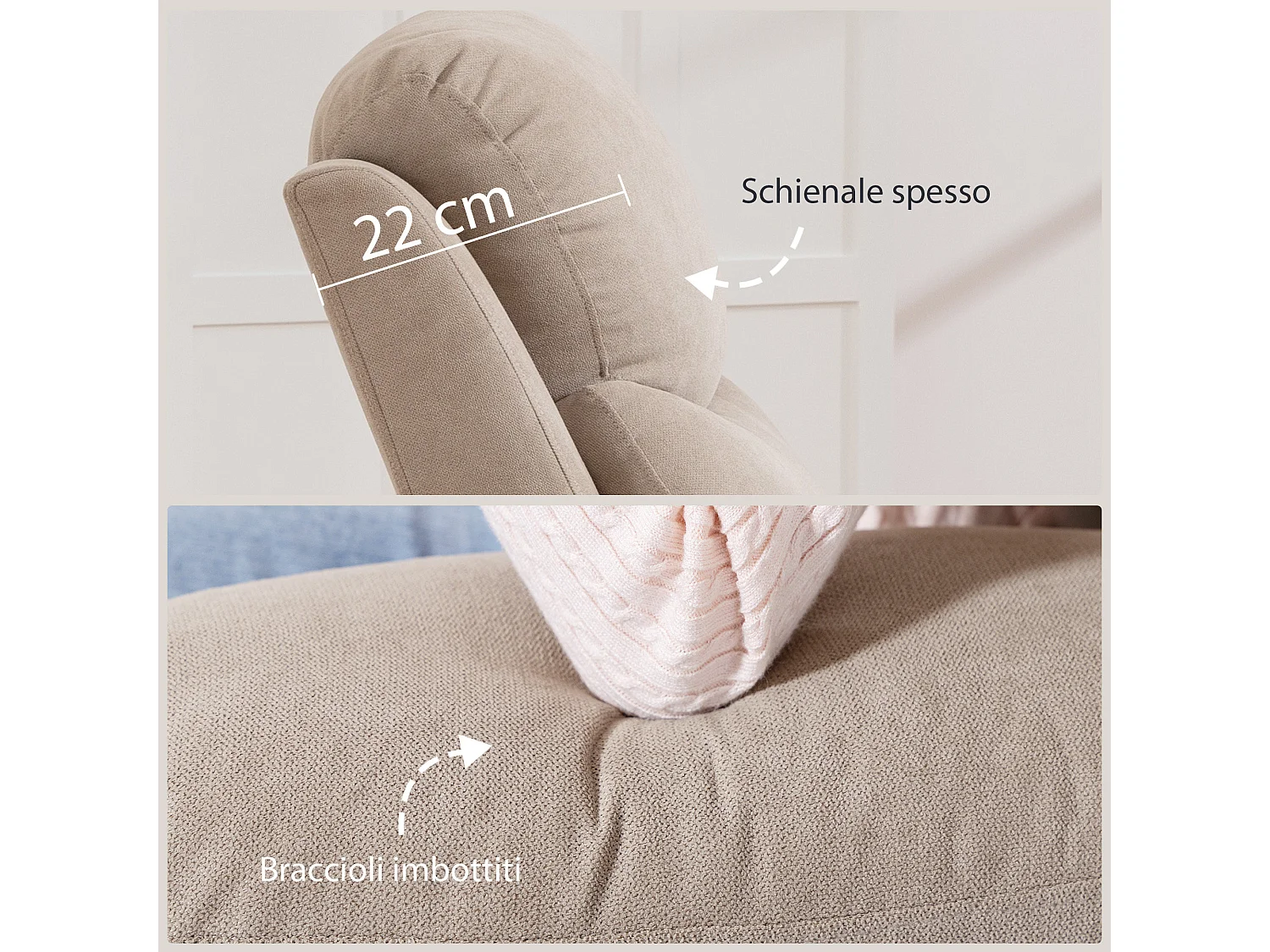Poltrona reclinabile manuale con braccioli imbottiti in tessuto beige