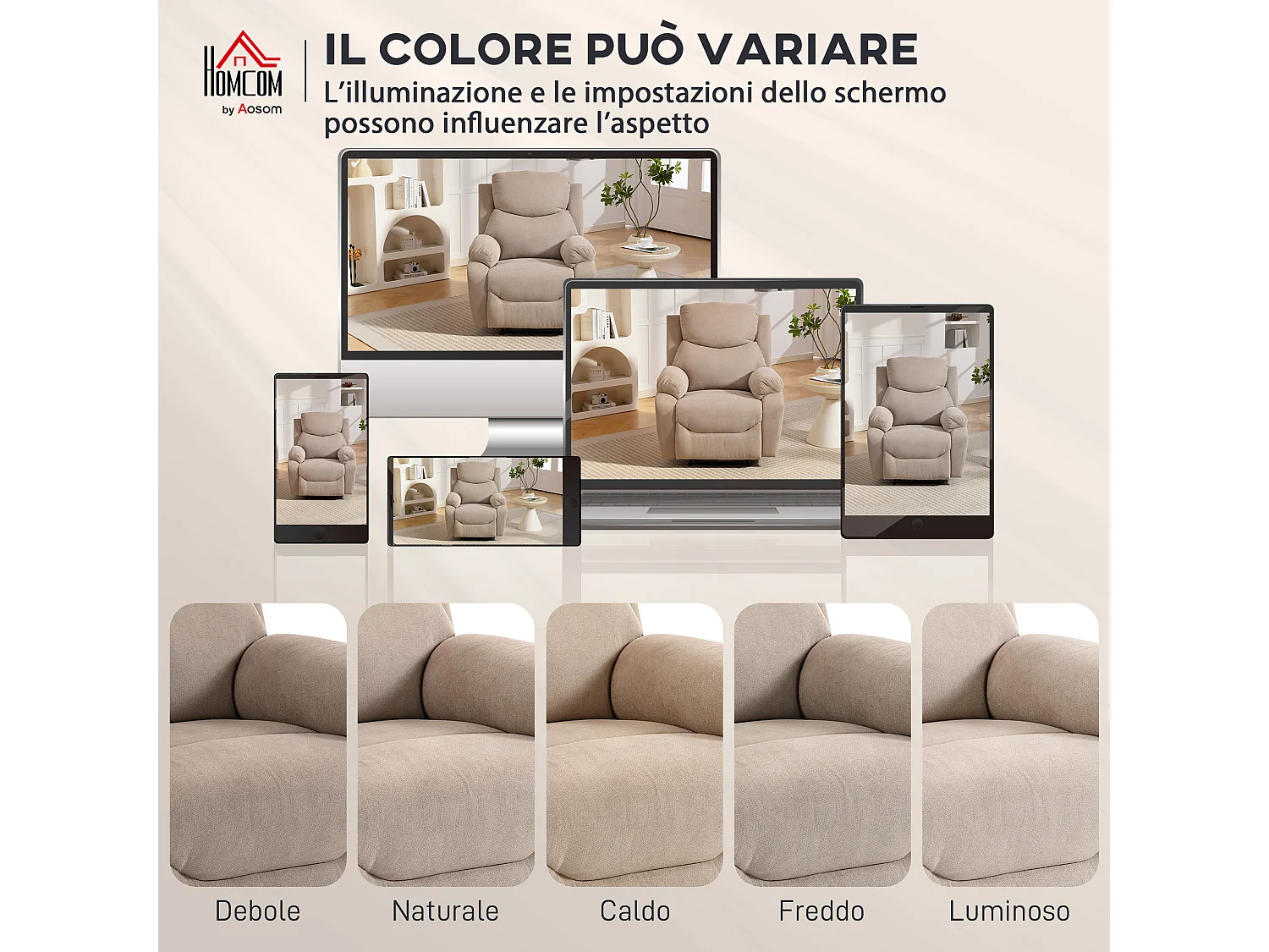 Poltrona reclinabile manuale con braccioli imbottiti in tessuto beige