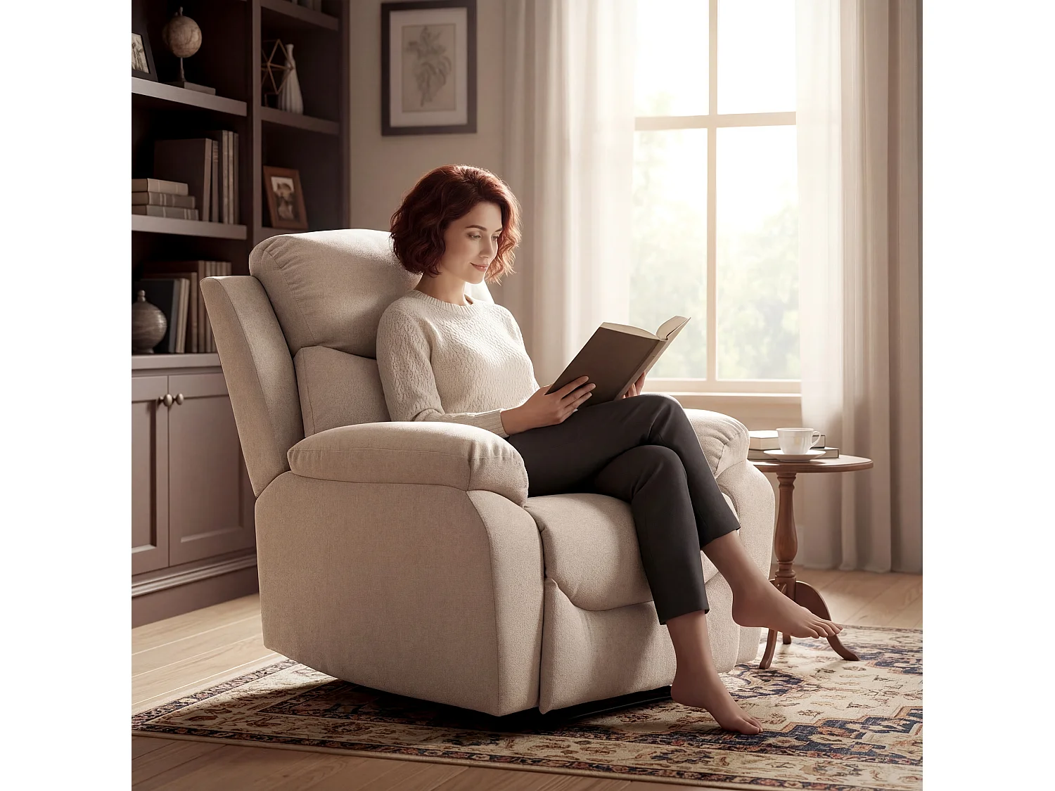 Poltrona reclinabile manuale con braccioli imbottiti in tessuto beige
