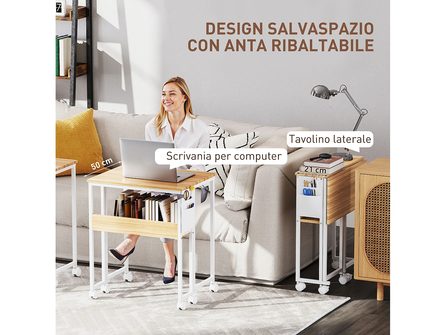 Scrivania pieghevole a ribalta con ripiano e ruote legno naturale