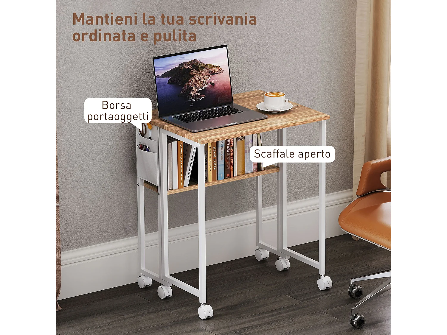 Scrivania pieghevole a ribalta con ripiano e ruote legno naturale