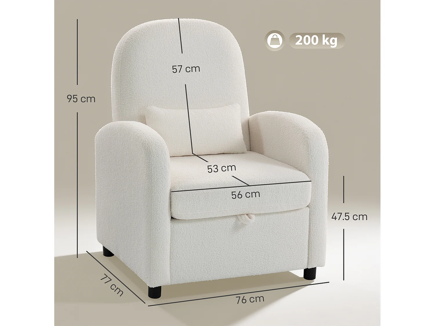 Poltrona moderna con spazio contenitore nascosto e cuscino crema